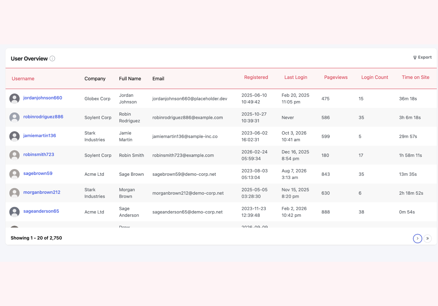 User Overview table listing logins, pageviews and time on site per user